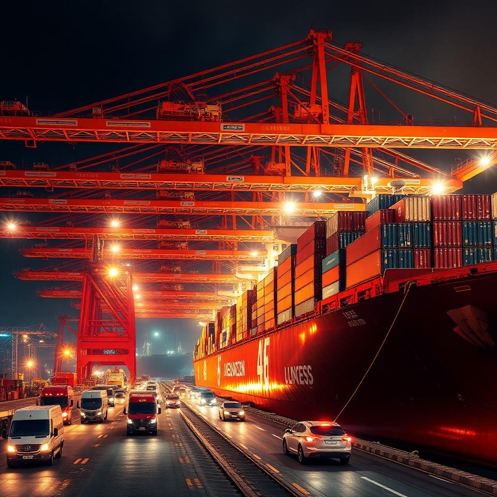 Port terminal loading shipping containers onto a vessel